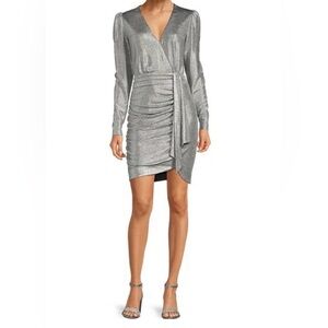 Alex Marie Chrissy Novelty Liquid Silver Faux Wrap Dress Size 10 Metallic